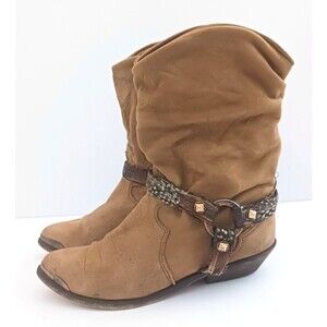 VTG Y2K Zodiac Western Harness Slouch Ankle Boot Lt Brown Leather Point Toe Sz 7